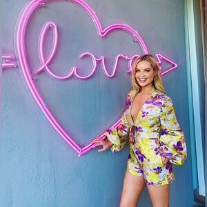 Hasan Hejazi Metallic Floral Romper Size US 10 Love Island Long Puff Sleeve